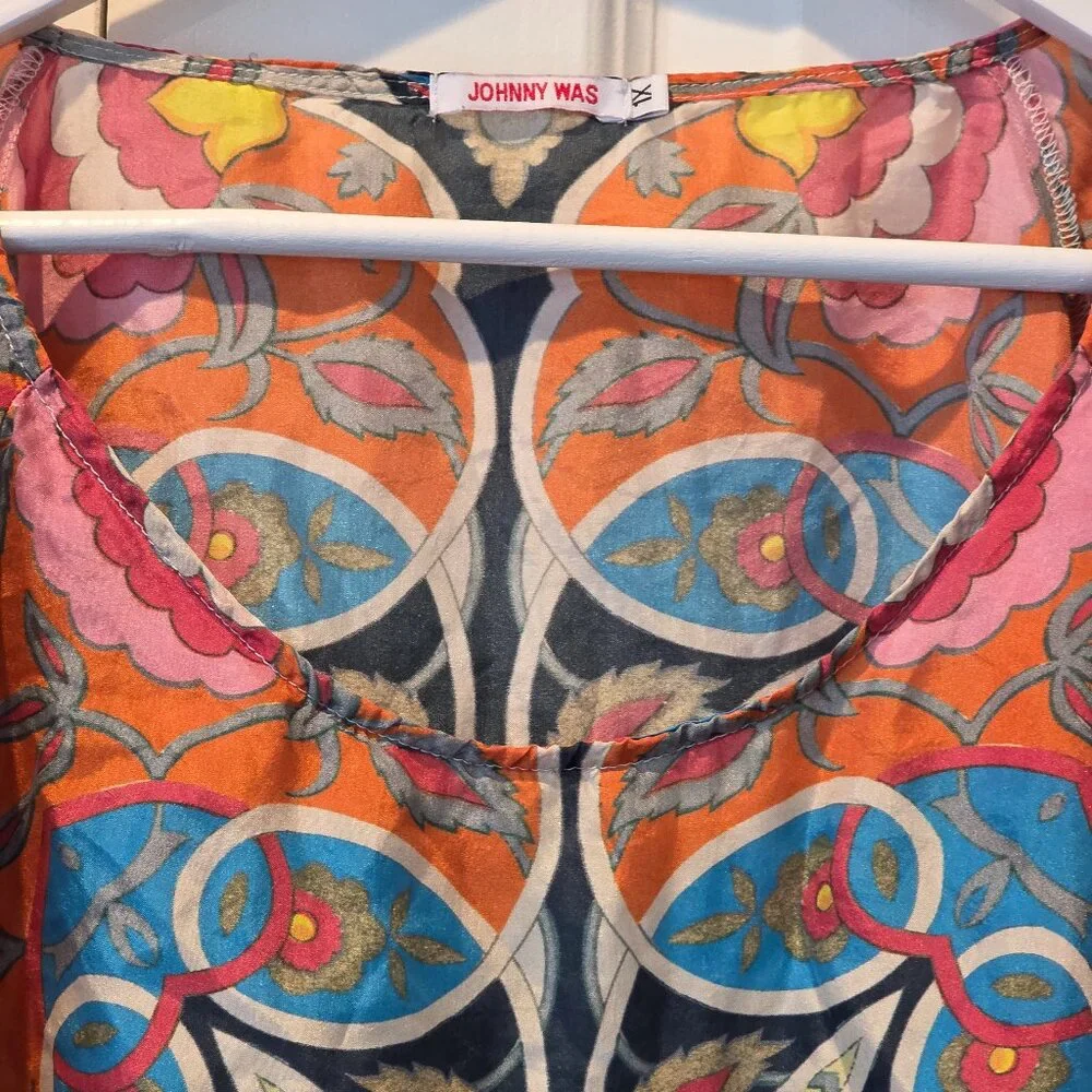 EUC: JOHNNY WAS Lentine Scarf Print Silk Blouse - Picture 7 of 9